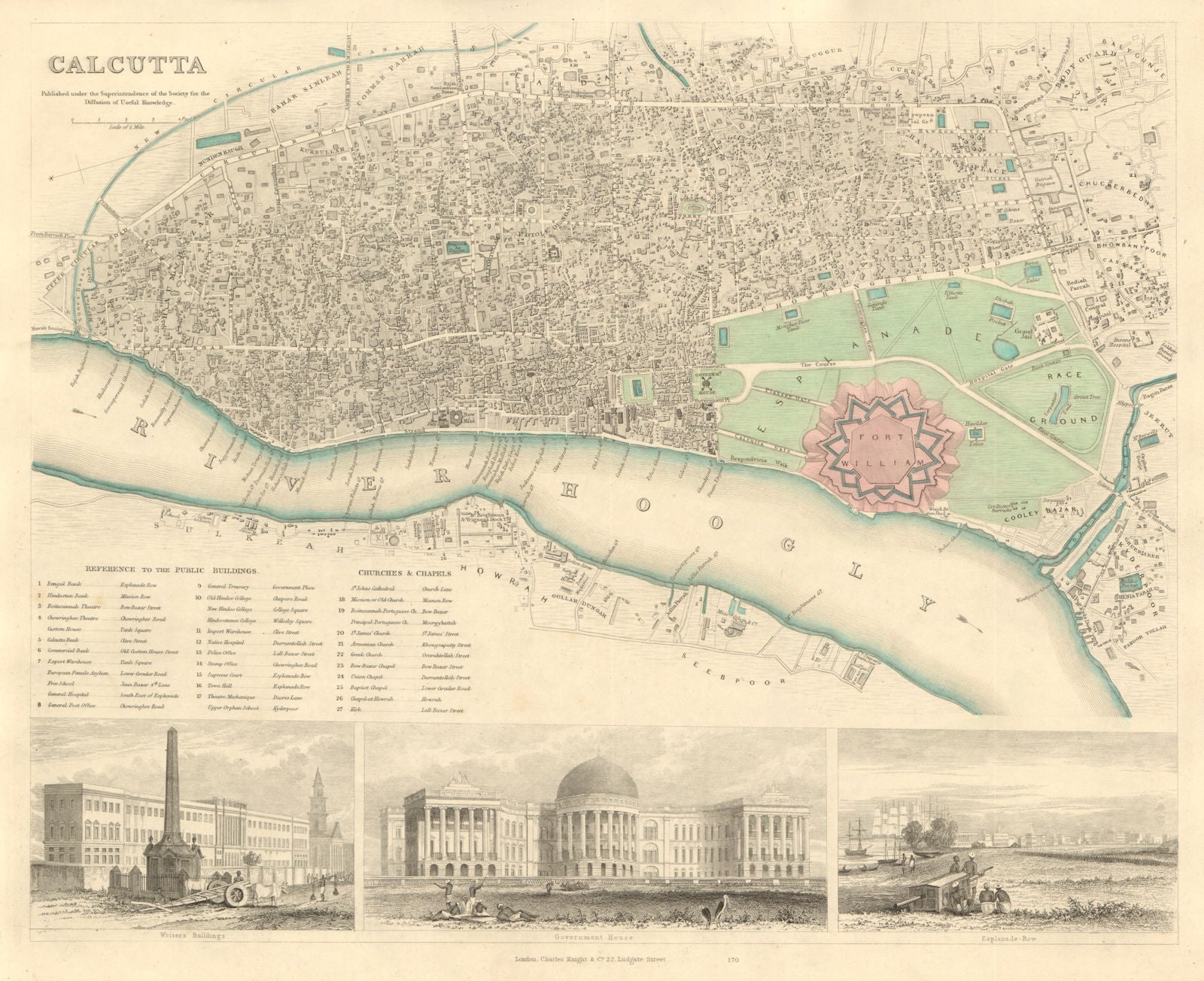 CALCUTTA KOLKATA antique town city map plan. Govt House Esplanade Row. SDUK 1847